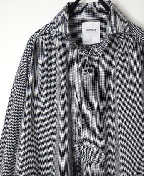 INAM2632C SEERSUCKER GINGHAM CHECK WASH WORK GATHERED SHIRT