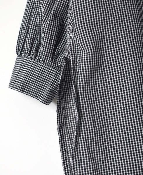 INAM2632C SEERSUCKER GINGHAM CHECK WASH WORK GATHERED SHIRT