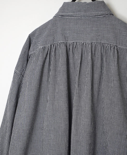 INAM2632C SEERSUCKER GINGHAM CHECK WASH WORK GATHERED SHIRT