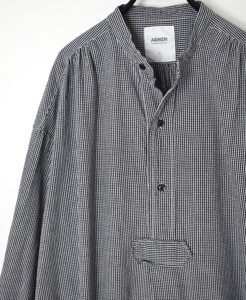 INAM2633C SEERSUCKER GINGHAM CHECK WASH WORK GATHERED BANDED COLLAR DRESS SHIRT