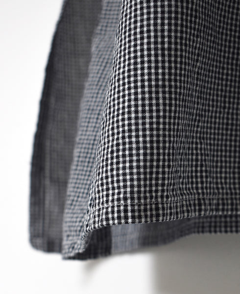 INAM2633C SEERSUCKER GINGHAM CHECK WASH WORK GATHERED BANDED COLLAR DRESS SHIRT