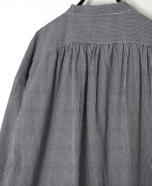 INAM2633C SEERSUCKER GINGHAM CHECK WASH WORK GATHERED BANDED COLLAR DRESS SHIRT