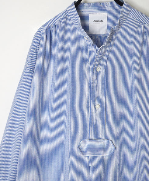 SEERSUCKER STRIPE WASH WORK GATHERED BANDED COLLAR DRESS SHIRTS