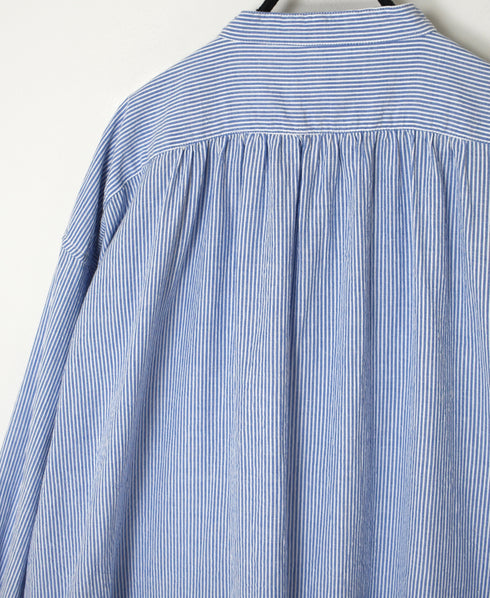 SEERSUCKER STRIPE WASH WORK GATHERED BANDED COLLAR DRESS SHIRTS