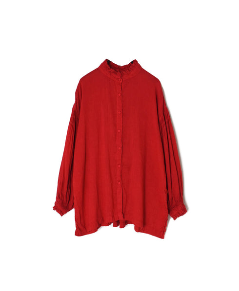INMDS25011D AUTO LOOM COTTON/LINEN PLAIN OVERDYE FRILL COLLAR SHIRT WITH MINI PINTUCK