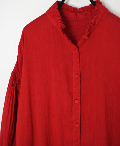 INMDS25011D AUTO LOOM COTTON/LINEN PLAIN OVERDYE FRILL COLLAR SHIRT WITH MINI PINTUCK