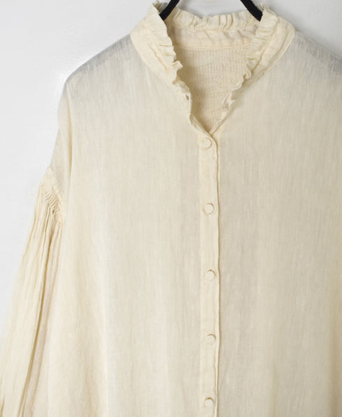 INMDS25011D AUTO LOOM COTTON/LINEN PLAIN OVERDYE FRILL COLLAR SHIRT WITH MINI PINTUCK