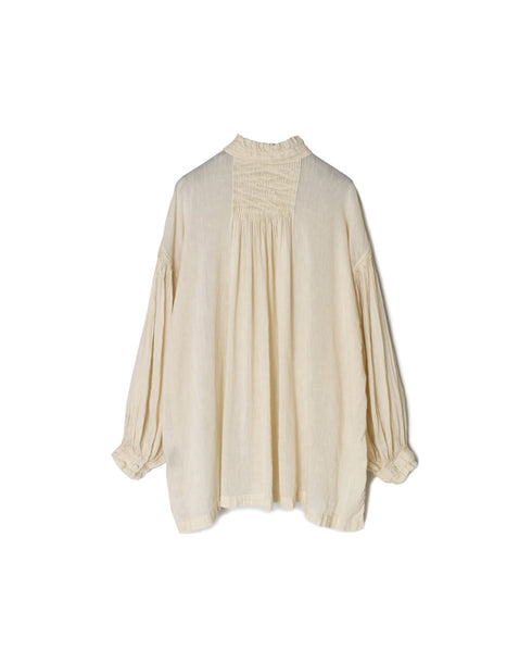 INMDS25011D AUTO LOOM COTTON/LINEN PLAIN OVERDYE FRILL COLLAR SHIRT WITH MINI PINTUCK