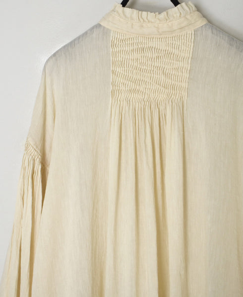 INMDS25011D AUTO LOOM COTTON/LINEN PLAIN OVERDYE FRILL COLLAR SHIRT WITH MINI PINTUCK