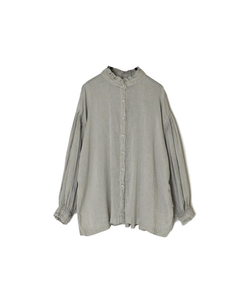 INMDS25011D AUTO LOOM COTTON/LINEN PLAIN OVERDYE FRILL COLLAR SHIRT WITH MINI PINTUCK