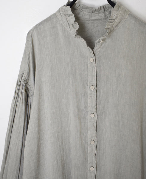 INMDS25011D AUTO LOOM COTTON/LINEN PLAIN OVERDYE FRILL COLLAR SHIRT WITH MINI PINTUCK
