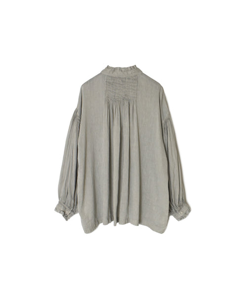 INMDS25011D AUTO LOOM COTTON/LINEN PLAIN OVERDYE FRILL COLLAR SHIRT WITH MINI PINTUCK