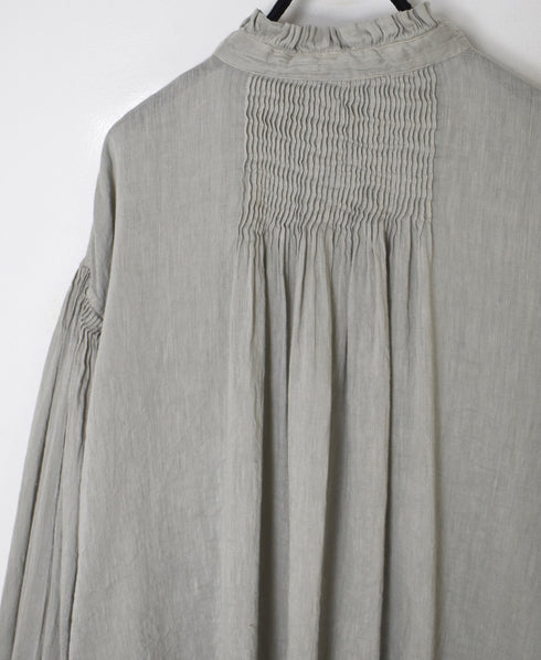 INMDS25011D AUTO LOOM COTTON/LINEN PLAIN OVERDYE FRILL COLLAR SHIRT WITH MINI PINTUCK