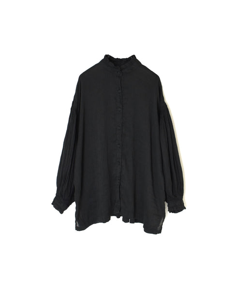 INMDS25011D AUTO LOOM COTTON/LINEN PLAIN OVERDYE FRILL COLLAR SHIRT WITH MINI PINTUCK