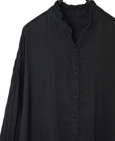 INMDS25011D AUTO LOOM COTTON/LINEN PLAIN OVERDYE FRILL COLLAR SHIRT WITH MINI PINTUCK