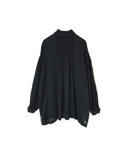 INMDS25011D AUTO LOOM COTTON/LINEN PLAIN OVERDYE FRILL COLLAR SHIRT WITH MINI PINTUCK