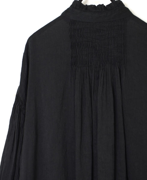 INMDS25011D AUTO LOOM COTTON/LINEN PLAIN OVERDYE FRILL COLLAR SHIRT WITH MINI PINTUCK