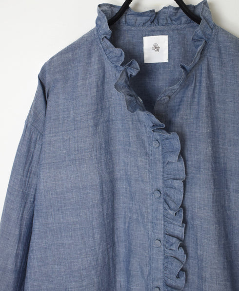 INMDS25062 HANDWOVEN YARN DYE NATURAL INDIGO CHAMBRAY FRILL COLLAR SHIRT