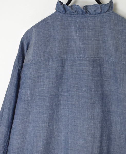 INMDS25062 HANDWOVEN YARN DYE NATURAL INDIGO CHAMBRAY FRILL COLLAR SHIRT