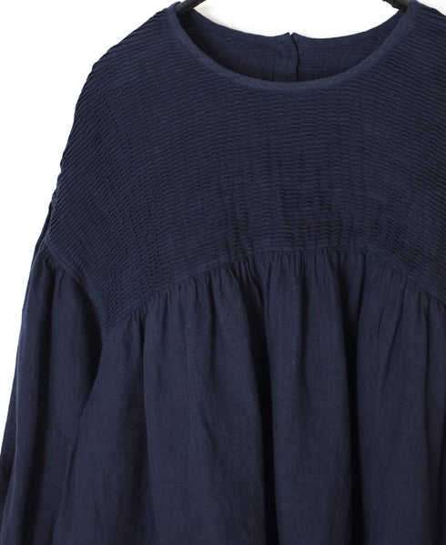 INMDS26003D 60s AUTOLOOM LINEN PLAIN OVERDYE BACK OPENING PULLOVER WITH MINI PINTUCK