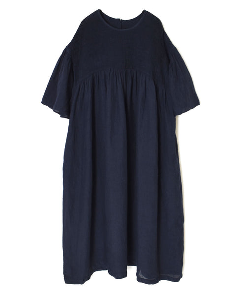 INMDS26004D 60s AUTOLOOM LINEN PLAIN OVERDYE BACK OPENING PULLOVER DRESS WITH MINI PINTUCK
