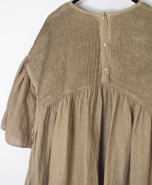 INMDS26004D 60s AUTOLOOM LINEN PLAIN OVERDYE BACK OPENING PULLOVER DRESS WITH MINI PINTUCK