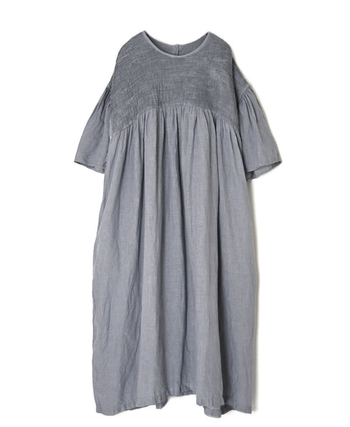 INMDS26004D 60s AUTOLOOM LINEN PLAIN OVERDYE BACK OPENING PULLOVER DRESS WITH MINI PINTUCK