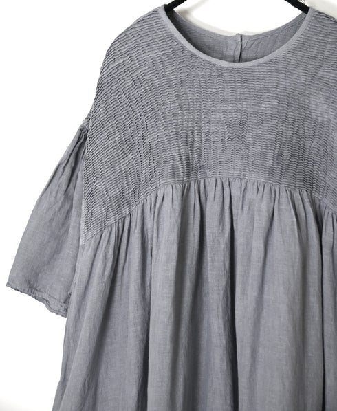 INMDS26004D 60s AUTOLOOM LINEN PLAIN OVERDYE BACK OPENING PULLOVER DRESS WITH MINI PINTUCK