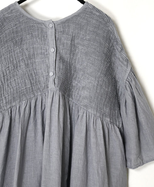 INMDS26004D 60s AUTOLOOM LINEN PLAIN OVERDYE BACK OPENING PULLOVER DRESS WITH MINI PINTUCK