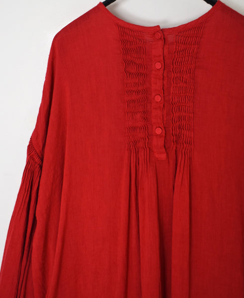 INMDS26011D AUTOLOOM LINEN/CO PLAIN OVERDYE BACK OPENING CREW-NECK SHIRTS DRESS WITH MINI PINTUCK