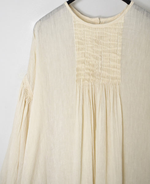 INMDS26011D AUTOLOOM LINEN/CO PLAIN OVERDYE BACK OPENING CREW-NECK SHIRTS DRESS WITH MINI PINTUCK