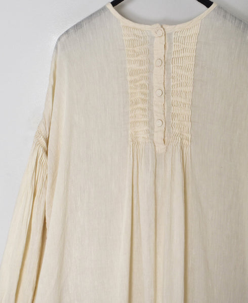 INMDS26011D AUTOLOOM LINEN/CO PLAIN OVERDYE BACK OPENING CREW-NECK SHIRTS DRESS WITH MINI PINTUCK