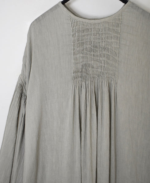 INMDS26011D AUTOLOOM LINEN/CO PLAIN OVERDYE BACK OPENING CREW-NECK SHIRTS DRESS WITH MINI PINTUCK
