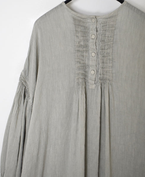 INMDS26011D AUTOLOOM LINEN/CO PLAIN OVERDYE BACK OPENING CREW-NECK SHIRTS DRESS WITH MINI PINTUCK