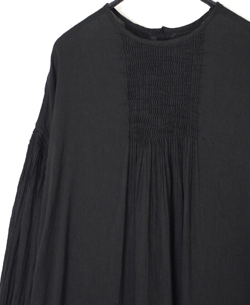 INMDS26011D AUTOLOOM LINEN/CO PLAIN OVERDYE BACK OPENING CREW-NECK SHIRTS DRESS WITH MINI PINTUCK