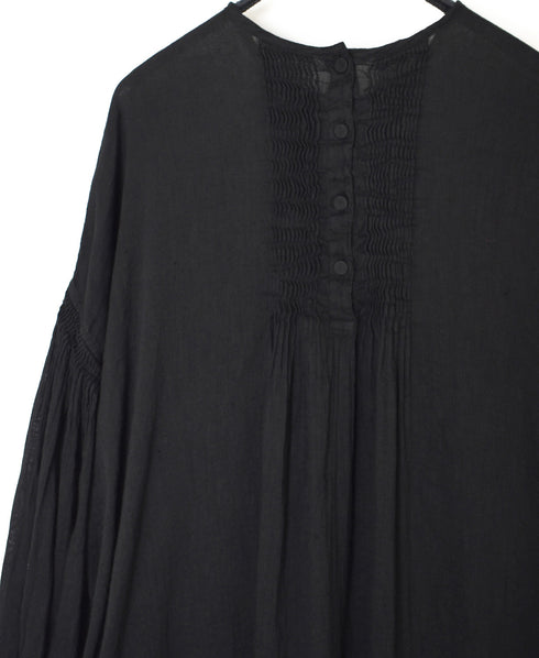 INMDS26011D AUTOLOOM LINEN/CO PLAIN OVERDYE BACK OPENING CREW-NECK SHIRTS DRESS WITH MINI PINTUCK
