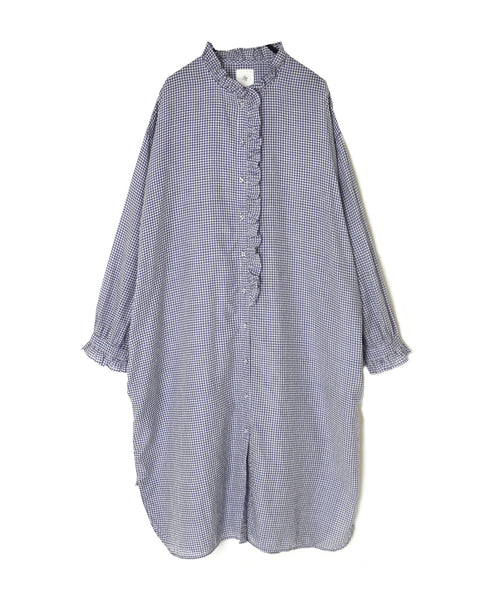 INMDS26023 HANDWOVEN COTTON/SILK SMALL GINGHAM CHECK FRILL COLLAR LONG SHIRTS
