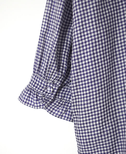 INMDS26023 HANDWOVEN COTTON/SILK SMALL GINGHAM CHECK FRILL COLLAR LONG SHIRTS
