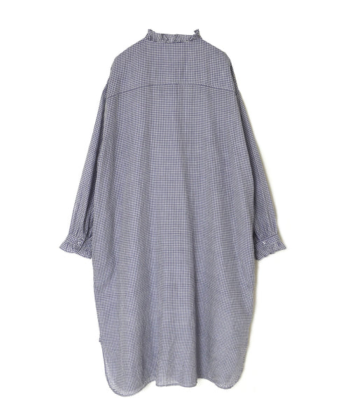 INMDS26023 HANDWOVEN COTTON/SILK SMALL GINGHAM CHECK FRILL COLLAR LONG SHIRTS