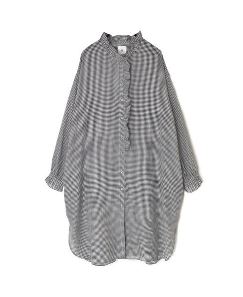INMDS26023 HANDWOVEN COTTON/SILK SMALL GINGHAM CHECK FRILL COLLAR LONG SHIRTS