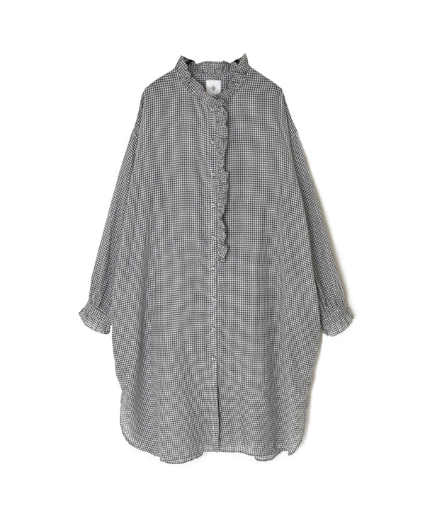 INMDS26023 HANDWOVEN COTTON/SILK SMALL GINGHAM CHECK FRILL COLLAR LONG SHIRTS