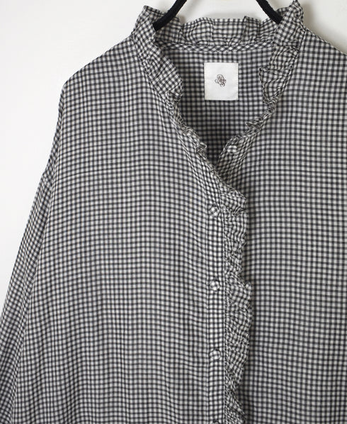 INMDS26023 HANDWOVEN COTTON/SILK SMALL GINGHAM CHECK FRILL COLLAR LONG SHIRTS
