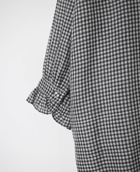 INMDS26023 HANDWOVEN COTTON/SILK SMALL GINGHAM CHECK FRILL COLLAR LONG SHIRTS