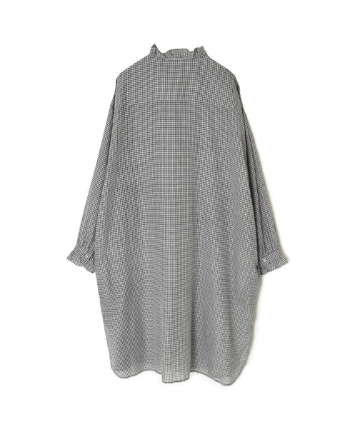 INMDS26023 HANDWOVEN COTTON/SILK SMALL GINGHAM CHECK FRILL COLLAR LONG SHIRTS