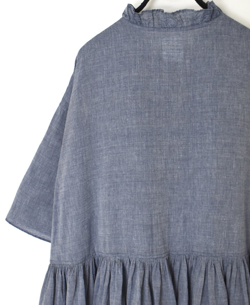 INMDS26042 HANDWOVEN YARN DYE CHAMBRAY FRILL COLLAR SHIRTS DRESS WITH RAJASTHAN GATHER