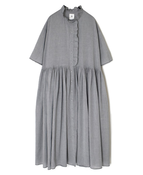 INMDS26042 HANDWOVEN YARN DYE CHAMBRAY FRILL COLLAR SHIRTS DRESS WITH RAJASTHAN GATHER
