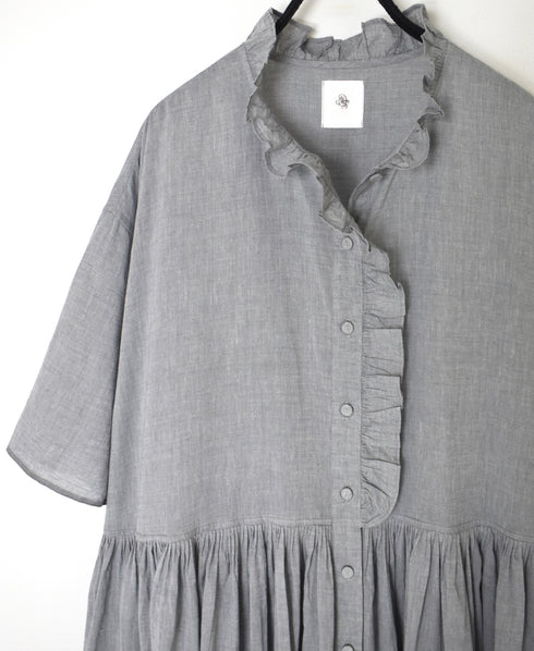 INMDS26042 HANDWOVEN YARN DYE CHAMBRAY FRILL COLLAR SHIRTS DRESS WITH RAJASTHAN GATHER