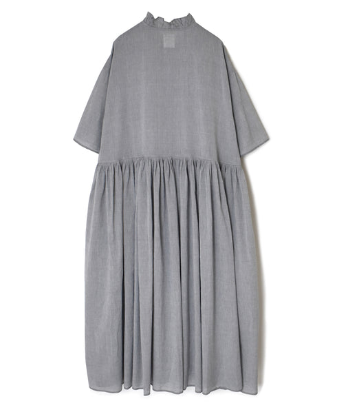INMDS26042 HANDWOVEN YARN DYE CHAMBRAY FRILL COLLAR SHIRTS DRESS WITH RAJASTHAN GATHER