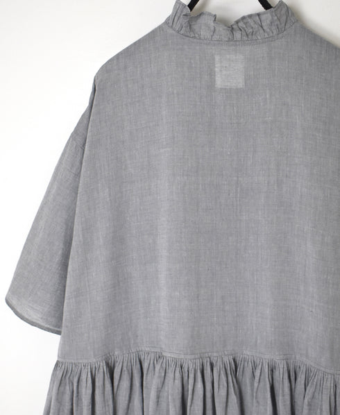 INMDS26042 HANDWOVEN YARN DYE CHAMBRAY FRILL COLLAR SHIRTS DRESS WITH RAJASTHAN GATHER