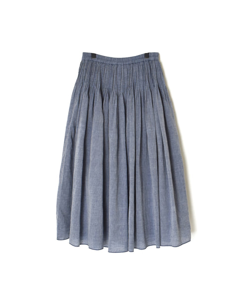 INMDS26043 HANDWOVEN YARN DYE CHAMBRAY PINTUCK FLARED SKIRT